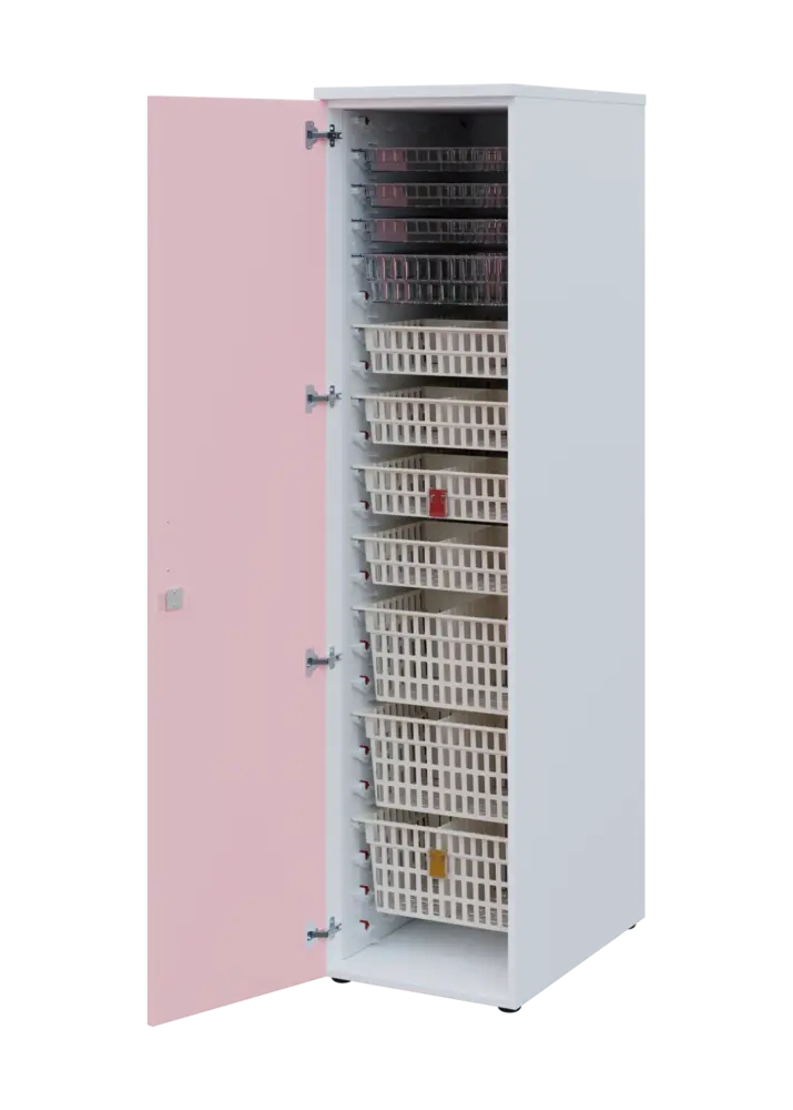 EUROMEDICA D - 46 skříň léková boxová, 1-dveřová, levá, 1950x460x735, korpus bílý, dvířka pastelově růžová